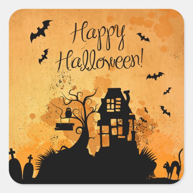 Sticker Carré Maison rustique hantée Happy Halloween (Devant)