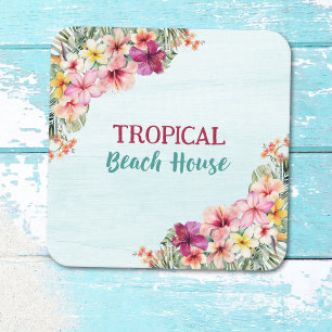 Sticker Carré Maison Tropicale de Plage Fleurs Roses Floral Bota