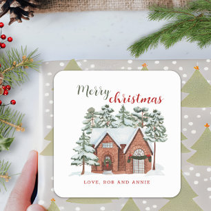 Sticker Carré Maisonnette enneigée de Noël vintage Joyeux Noël p