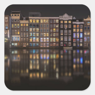 Sticker Carré Maisons d'Amsterdam avec les lumières colorées