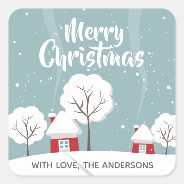 Sticker Carré Maisons de neige et arbres Noël (Devant)