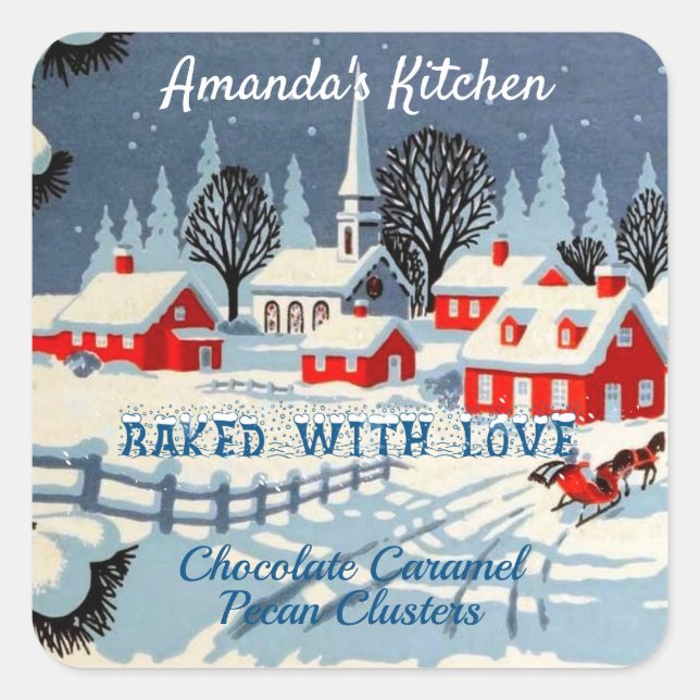 Sticker Carré Maisons rouges de Noël neige vintage, église (Devant)