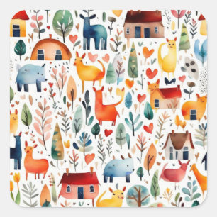 Sticker Carré Maisons rouges et maisons mignonnes Feuille de pap