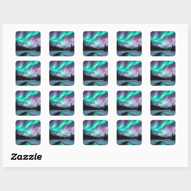 Sticker Carré Majestic Aurora Borealis sur paysage neigeux (Feuille)