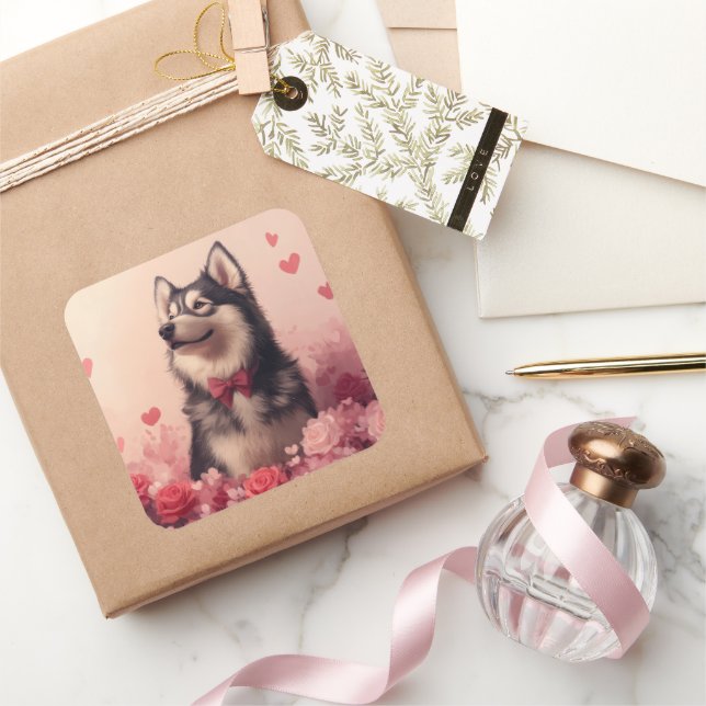 Sticker Carré Malamute d'Alaska avec Rose - Saint-Valentin (Cadeaux)