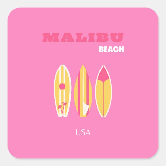 Sticker Carré Malibu, Malibu Beach, Californie, Preppy, rose (Devant)