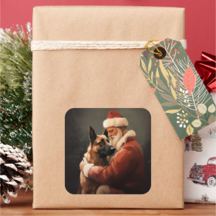Sticker Carré Malinois Belge avec le Père Noël Festif Noël