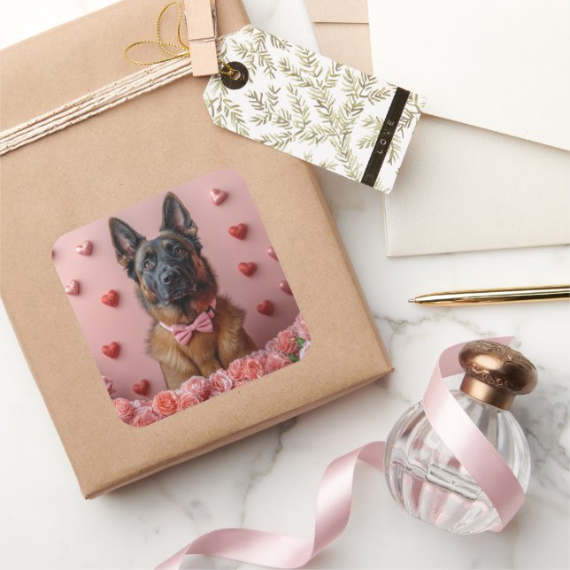 Sticker Carré Malinois belge avec Rose - Saint Valentin (Cadeaux)