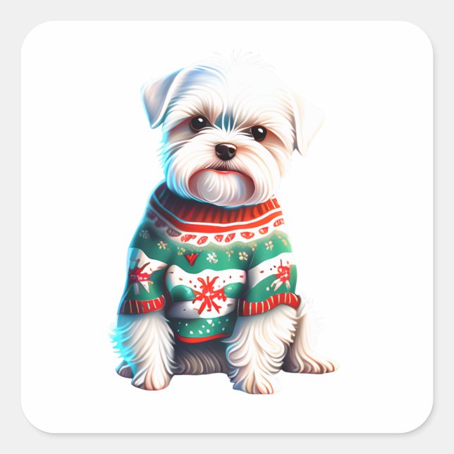 Sticker Carré Maltais amusant dans l'autocollant Sweater de Noël (Devant)