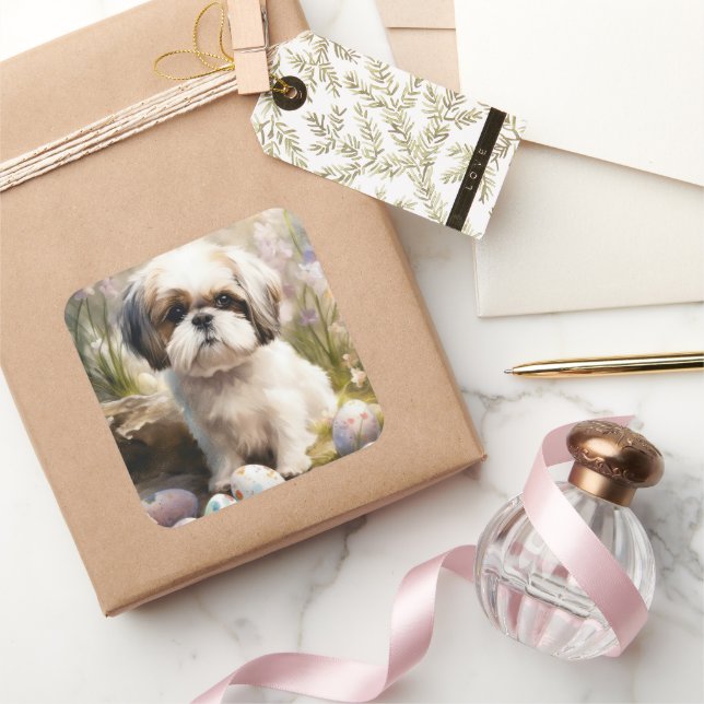 Sticker Carré Malti Tzu Chien avec Oeufs de Pâques Vacances (Cadeaux)