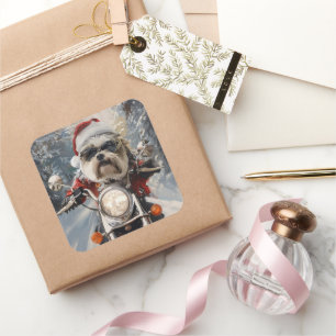 Sticker Carré Malti Tzu Chien équitation Moto Noël