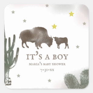 Sticker Carré Mama Buffalo Cactus Boy Baby Shower Label
