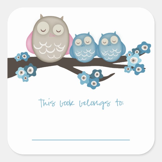 Sticker Carré Mama Owl & Twins {Blue} | Plaques (Devant)