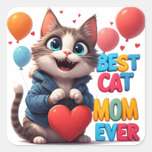 Sticker Carré Maman Chat Amour pour Kitty avec Cœur 🐾