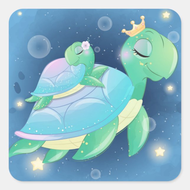 Sticker Carré Maman Et Bébé Tortue De Mer (Devant)