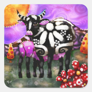 Sticker Carré Maman vache et bébé abstrait fantaisiste Funky Far