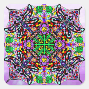 Sticker Carré Mandala Colorée libellule et fleur