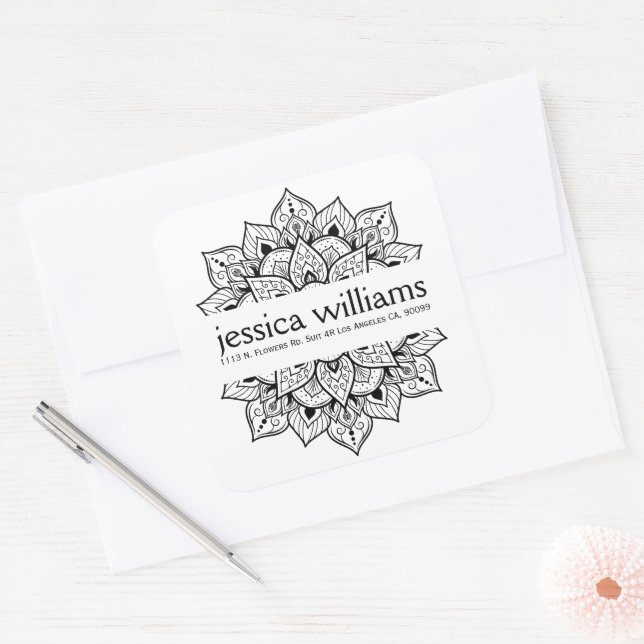 Sticker Carré Mandala floral noir (Enveloppe)
