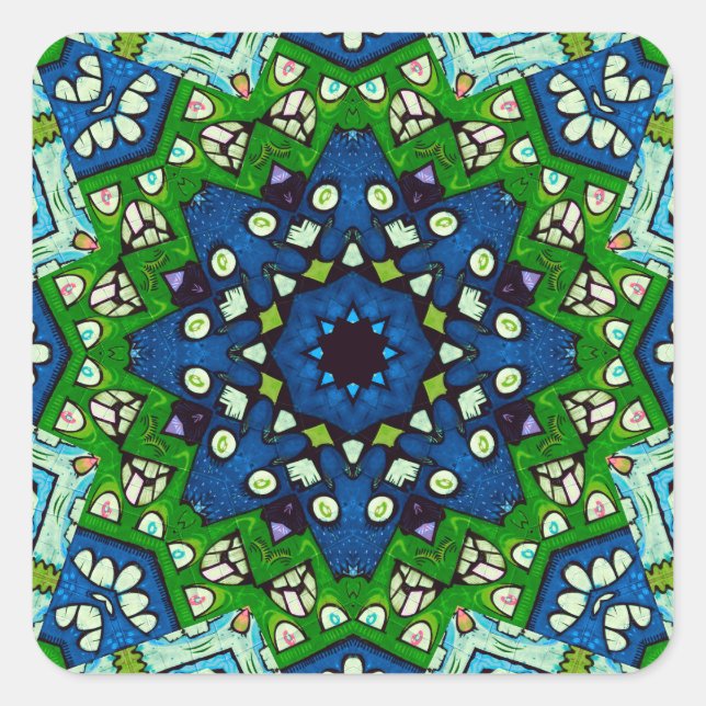 Sticker Carré Mandala Retro Mosaic Vert Motif bleu (Devant)