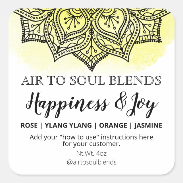Sticker Carré Mandala White Yellow Happiness Joie Blend Étiquett (Devant)