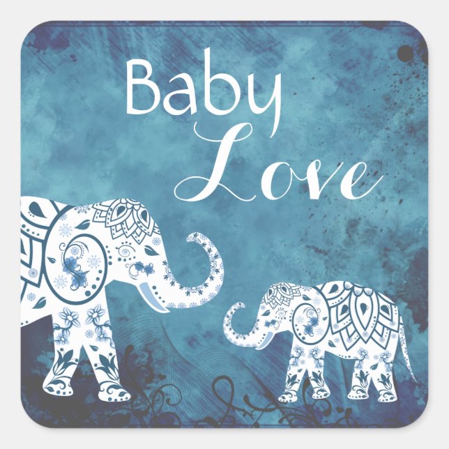 Sticker Carré Mandalas et Eléphants Baby Love Baby shower du gar (Devant)
