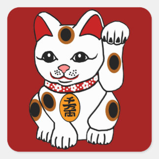 Sticker Carré Maneki Neko Chat sur Arrière - plan rouge
