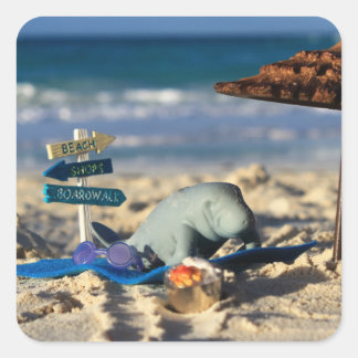 Sticker Carré Manfred the Manatee at the Beach