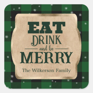 Sticker Carré Manger, boire et être joyeux Vert Plaid Noël