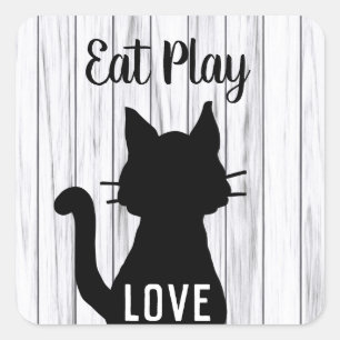 Sticker Carré Mangez Amour Chat Noir Silhouette sur Bois Rustiqu