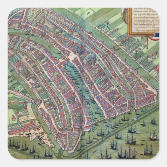 Sticker Carré Map of Amsterdam, from 'Civitates Orbis Terrarum' (Devant)