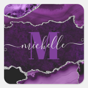 Sticker Carré Marbre Agate Monogramme Pailleté Violet et Argent
