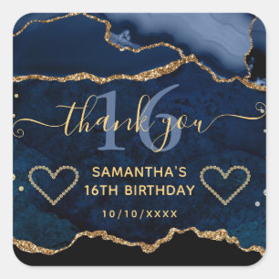 Sticker Carré Marbre Agate Pailleté Bleu et Or Douce 16