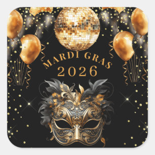 Sticker Carré Mardi gras 2026 paillettes noir or