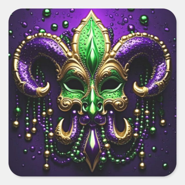 Sticker Carré Mardi Gras Fleur De Lis Design (Devant)
