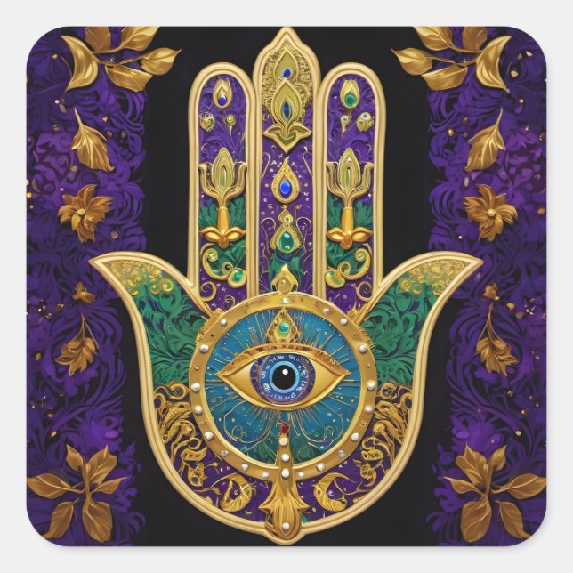 Sticker Carré Mardi Gras Gold violet vert Hamsas Art (Devant)