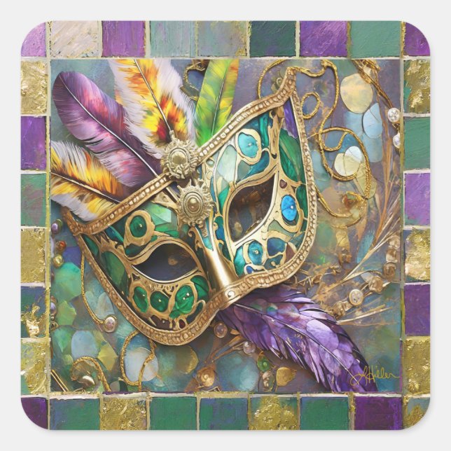 Sticker Carré Mardi Gras Masque de plumes vert et doré (Devant)