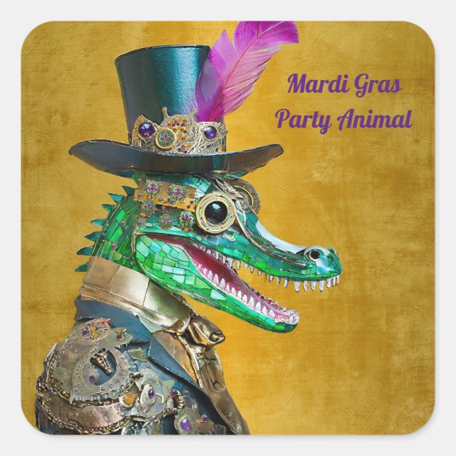 Sticker Carré Mardi Gras Steampunk Party Animal Alligator (Devant)