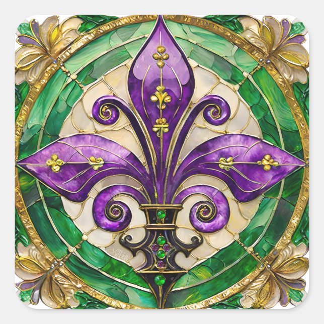 Sticker Carré Mardi Gras Vitrail Fleur de lis (Devant)