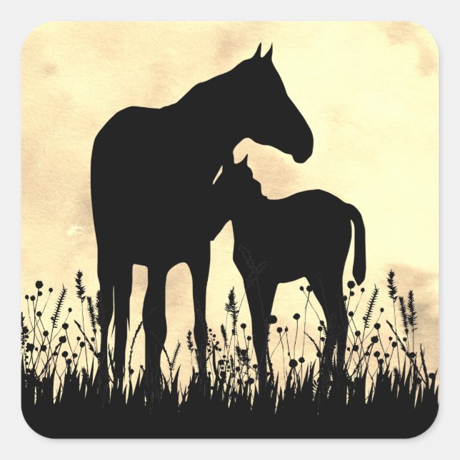 Sticker Carré Mare et poulain en silhouette dans le cheval de ca (Devant)