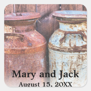 Sticker Carré Mariage à la Campagne avec des Bidons de Lait Rust