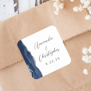 Sticker Carré Mariage Agate Bleu Nuit Argent Script