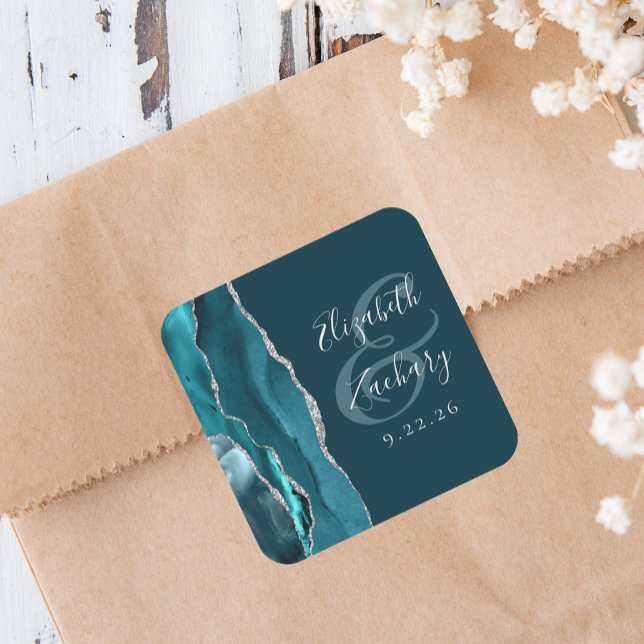 Sticker Carré Mariage Agate Geode Script Bleu Canard Argent (Créateur téléchargé)