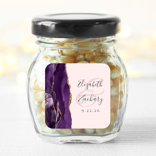 Sticker Carré Mariage Agate Géode Script Violet Rose Doré (Créateur téléchargé)