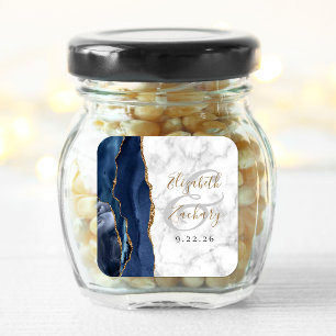 Sticker Carré Mariage Agate Marbre Bleu Nuit Or Script