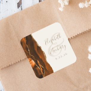 Sticker Carré Mariage Agate Orange Brûlé Or Ivoire