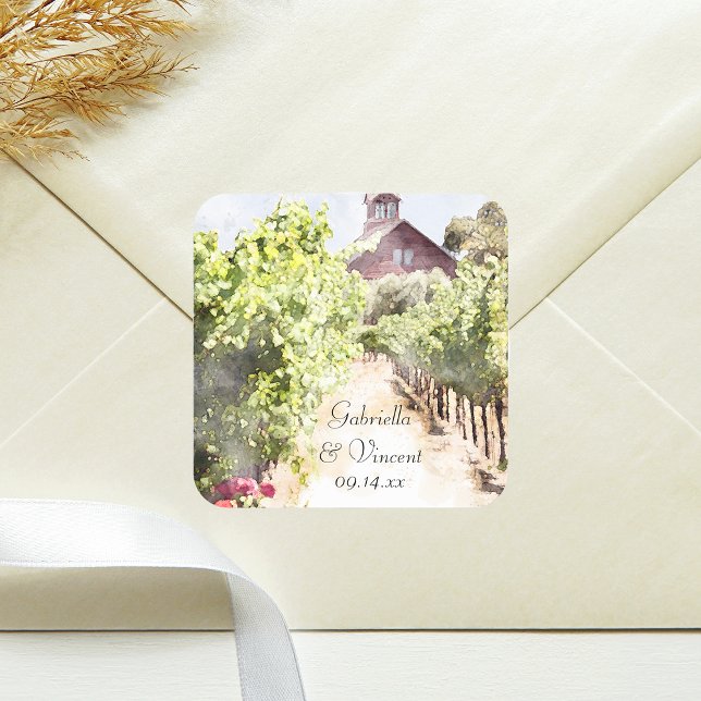 Sticker Carré Mariage aquarelle du vignoble et de la grange roug (Complete your wedding stationery look with this rustic Vineyard and Red Barn Envelope Seal.)