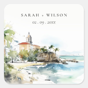 Sticker Carré Mariage aquarelle paysage San Juan Porto Rico