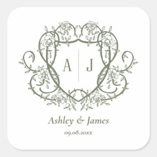 Sticker Carré Mariage Armoirie Monogramme Rose Débridée Crête