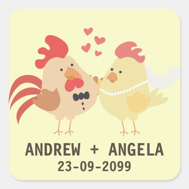 Sticker Carré Mariage au poulet de la ferme Économisez l'étiquet (Devant)