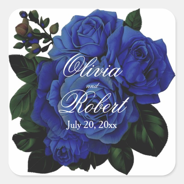 Sticker Carré Mariage aux roses bleu profond élégantes (Devant)